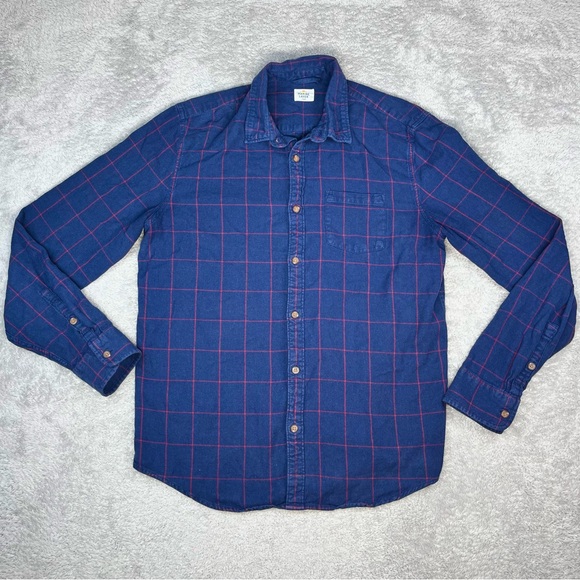 Marine Layer Organic Cotton Flannel Shirt Men’s Large Blue Red Plaid Button Down - Picture 1 of 10